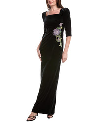 Teri Jon By Rickie Freeman Velvet Elbow Sleeve Floral Applique Gown