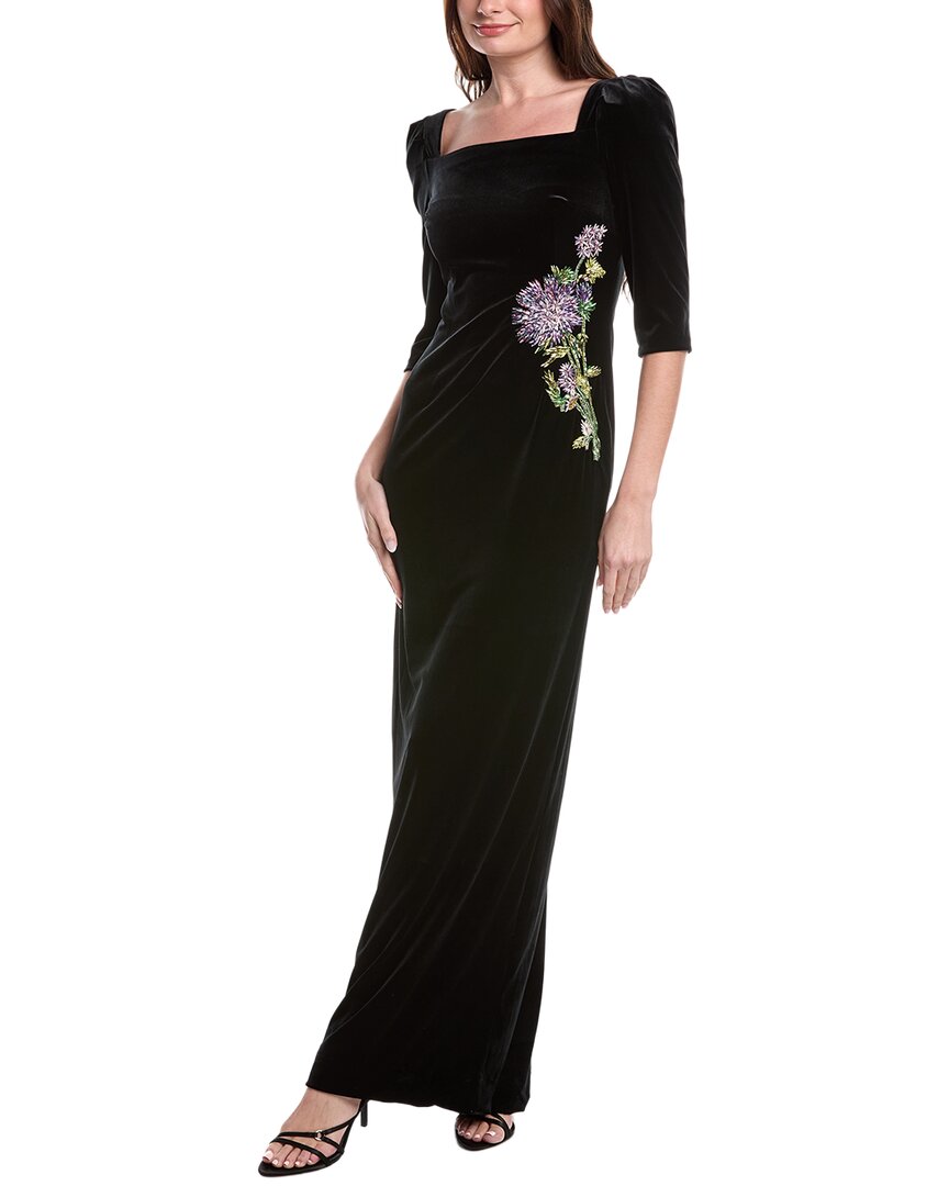 Teri Jon By Rickie Freeman Velvet Elbow Sleeve Floral Applique Gown