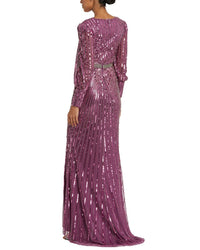 Mac Duggal Sequined Wrap Over Bishop Sleeve Gown