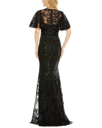 Mac Duggal Embellished Flutter Sleeve High Neck Gown