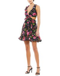 Mac Duggal Ruffle Cut Out Lace Up Flowy Mini Dress