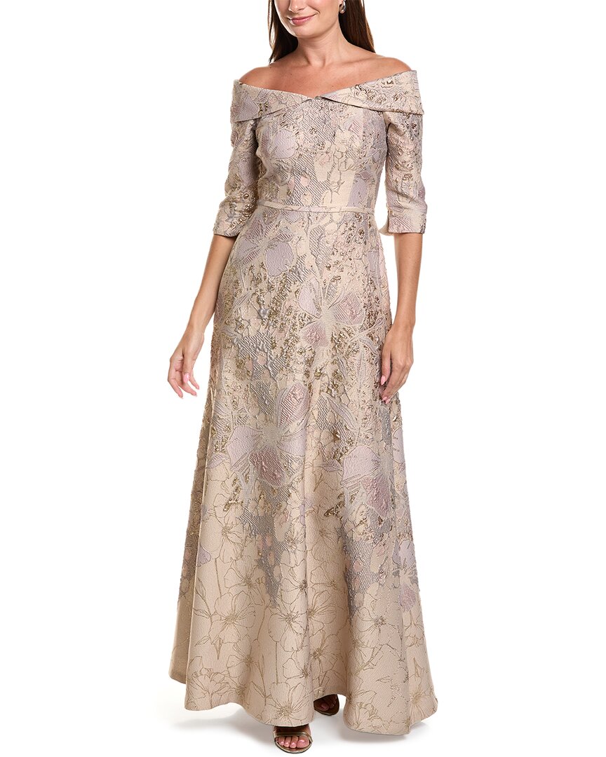 Teri Jon by Rickie Freeman Teri Jon By Rickie Freeman Jacquard Floral Off-Shoulder 3/4-Sleeve Gown