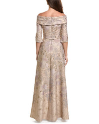 Teri Jon by Rickie Freeman Teri Jon By Rickie Freeman Jacquard Floral Off-Shoulder 3/4-Sleeve Gown