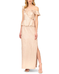 Aidan Mattox Lame Column Gown With Ruffles Brown