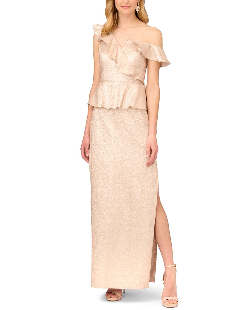 Aidan Mattox Lame Column Gown With Ruffles Brown