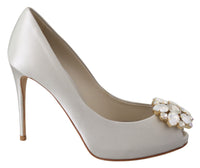 Dolce & Gabbana White Crystals Peep Toe Heels Satin Pumps Women's Shoes