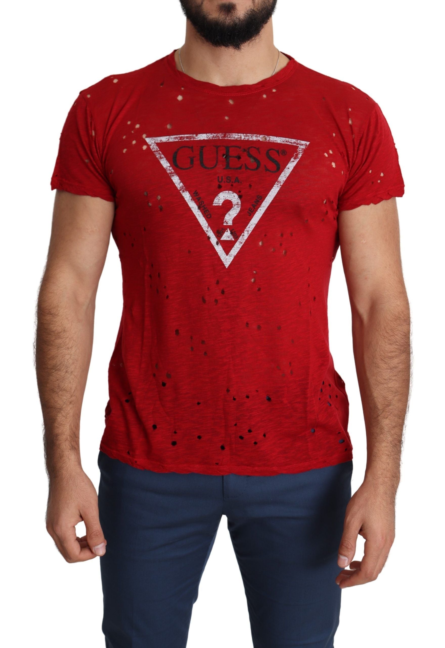Guess Red Cotton Logo Print Men Casual Top Perforated Men's T-shirt
