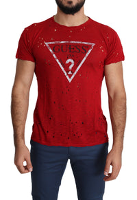 Guess Red Cotton Logo Print Men Casual Top Perforated Men's T-shirt