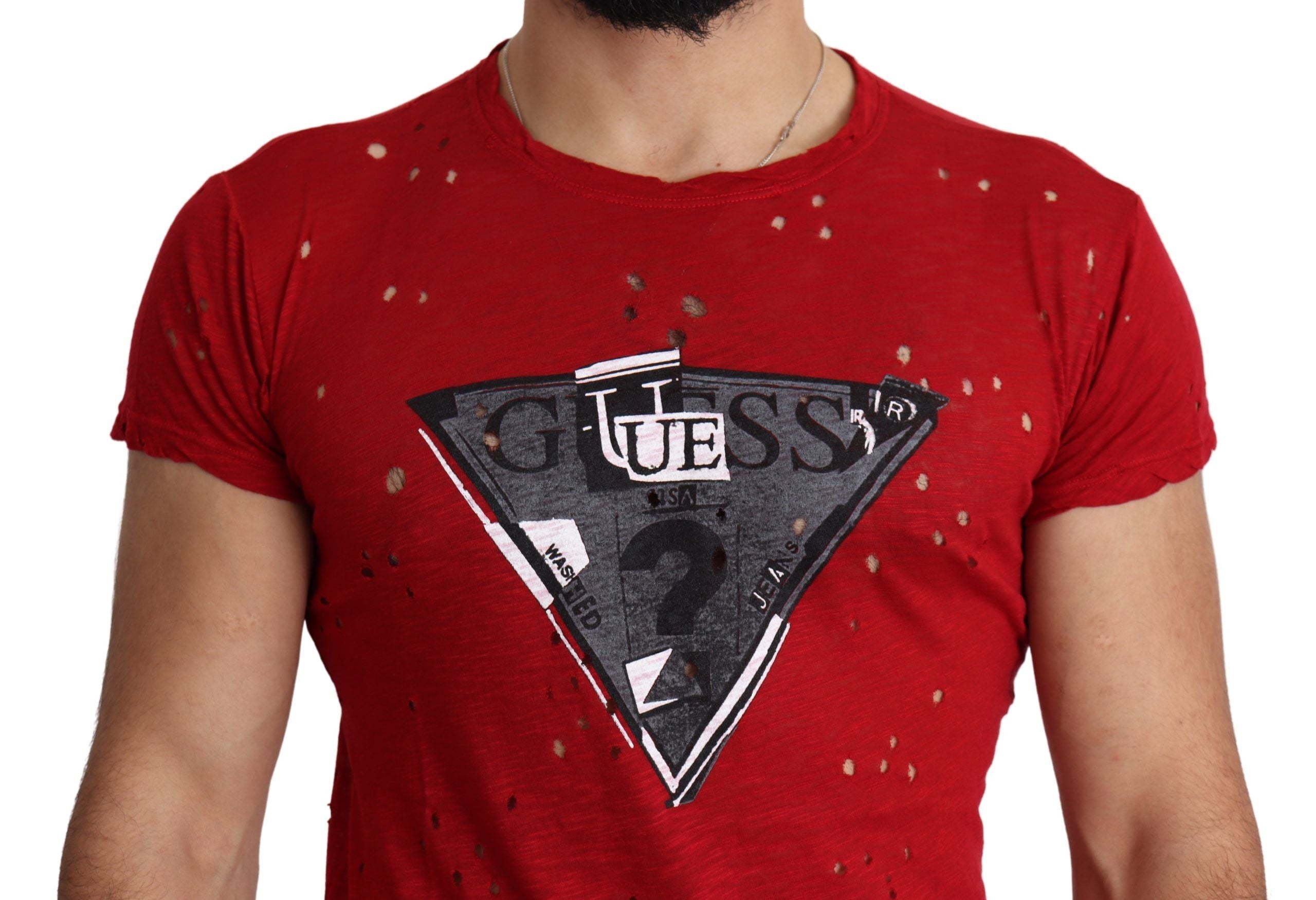 Guess Red Cotton Logo Print Men Casual Top Perforated Men's T-shirt