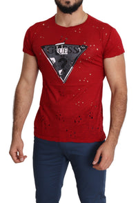 Guess Red Cotton Logo Print Men Casual Top Perforated Men's T-shirt