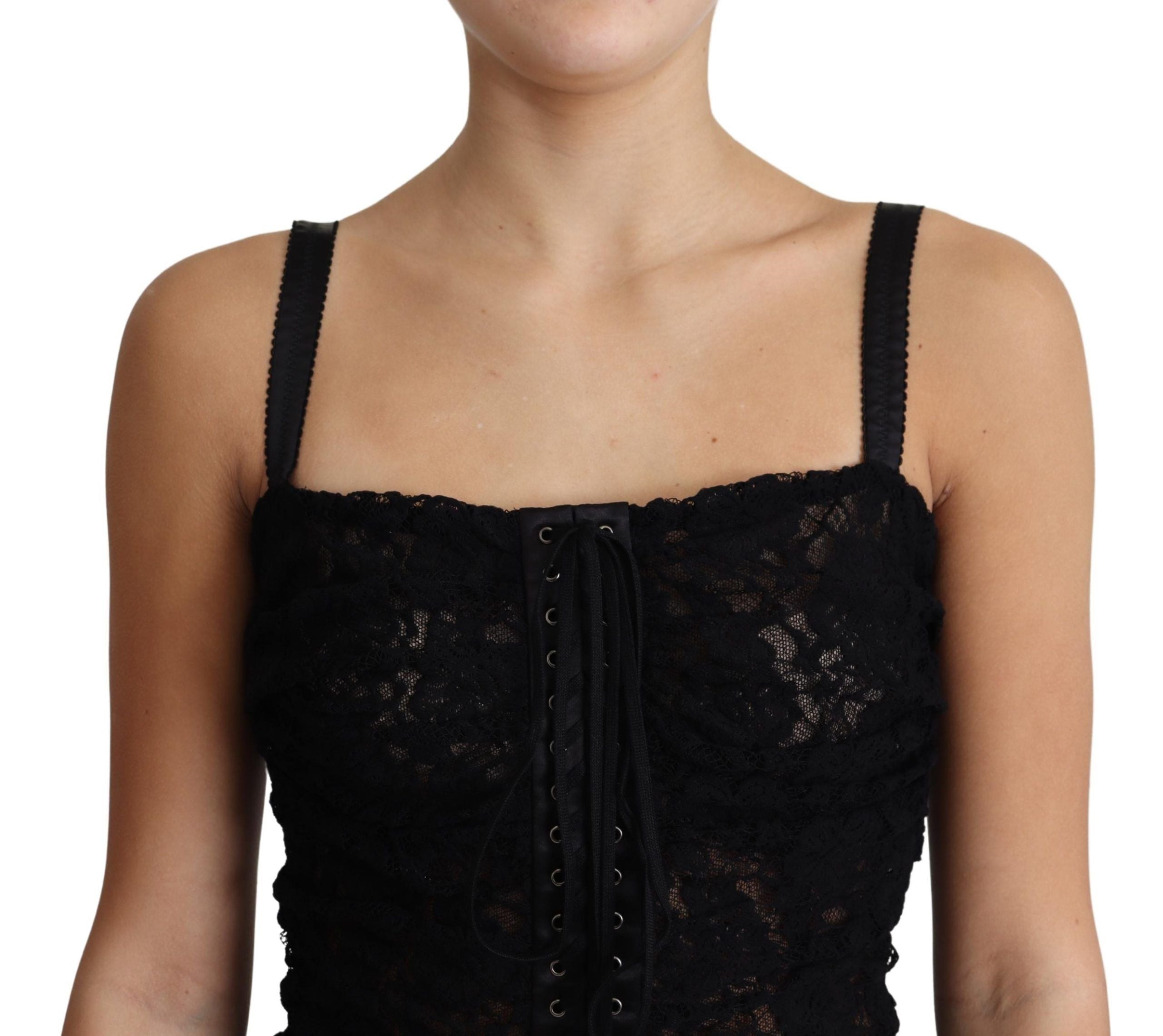 Dolce & Gabbana Black Lace Up Floral Corset Bustier Mini Women's Dress
