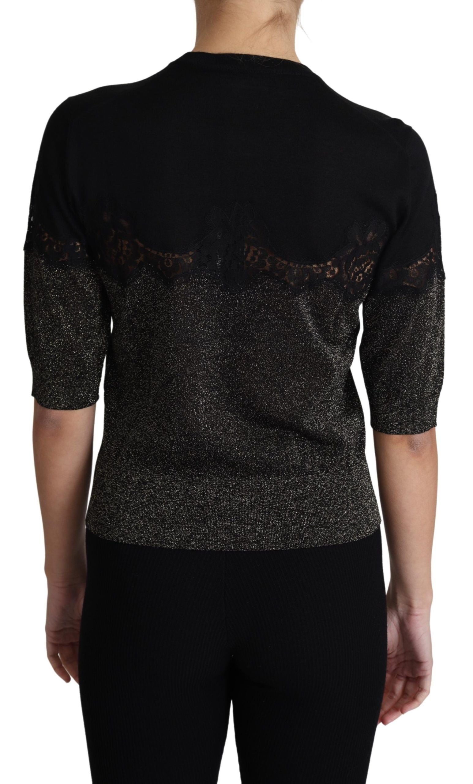 Dolce & Gabbana Black Shiny Lurex Lace Insert Pullover Women's Top