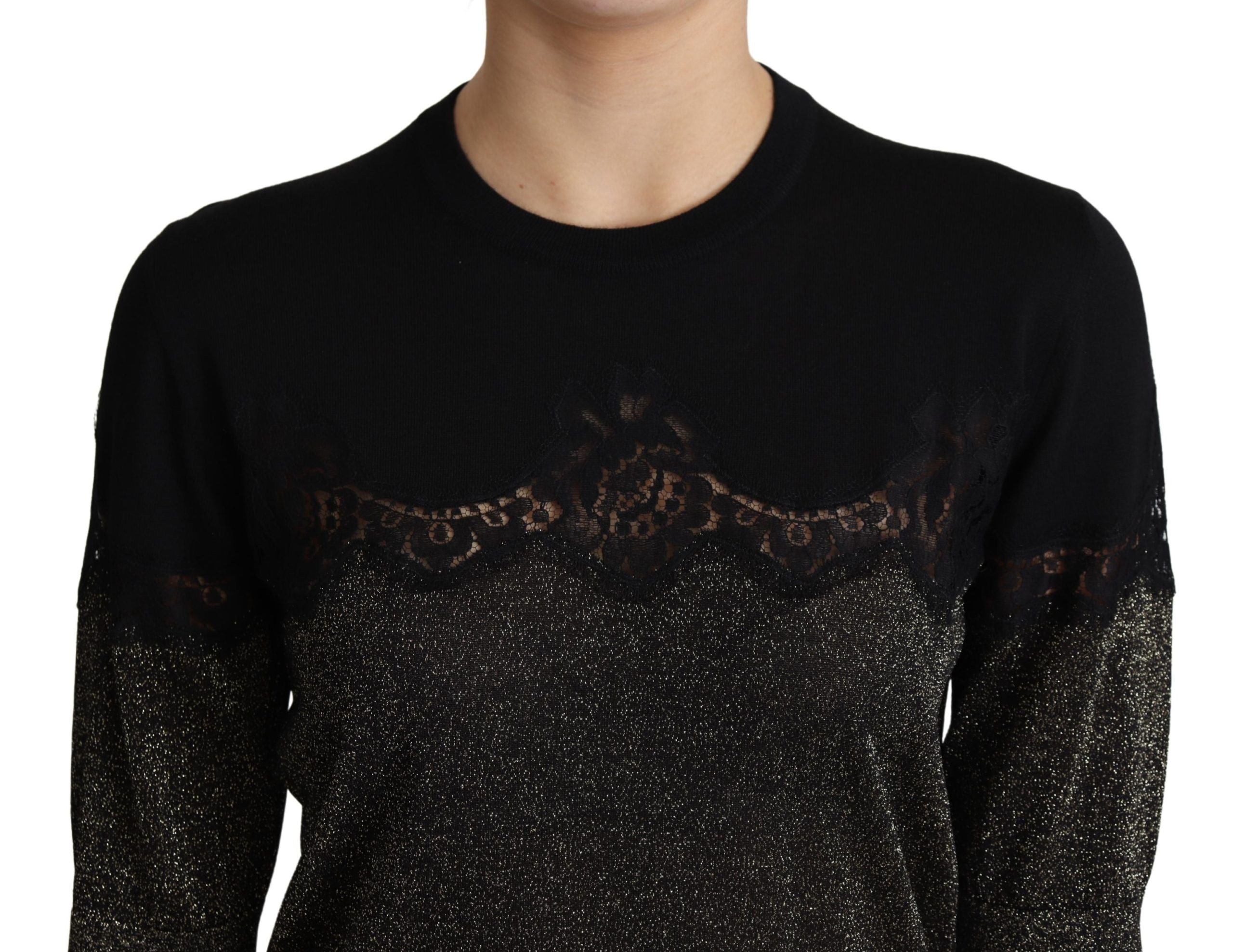 Dolce & Gabbana Black Shiny Lurex Lace Insert Pullover Women's Top