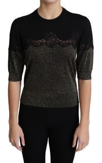 Dolce & Gabbana Black Shiny Lurex Lace Insert Pullover Women's Top