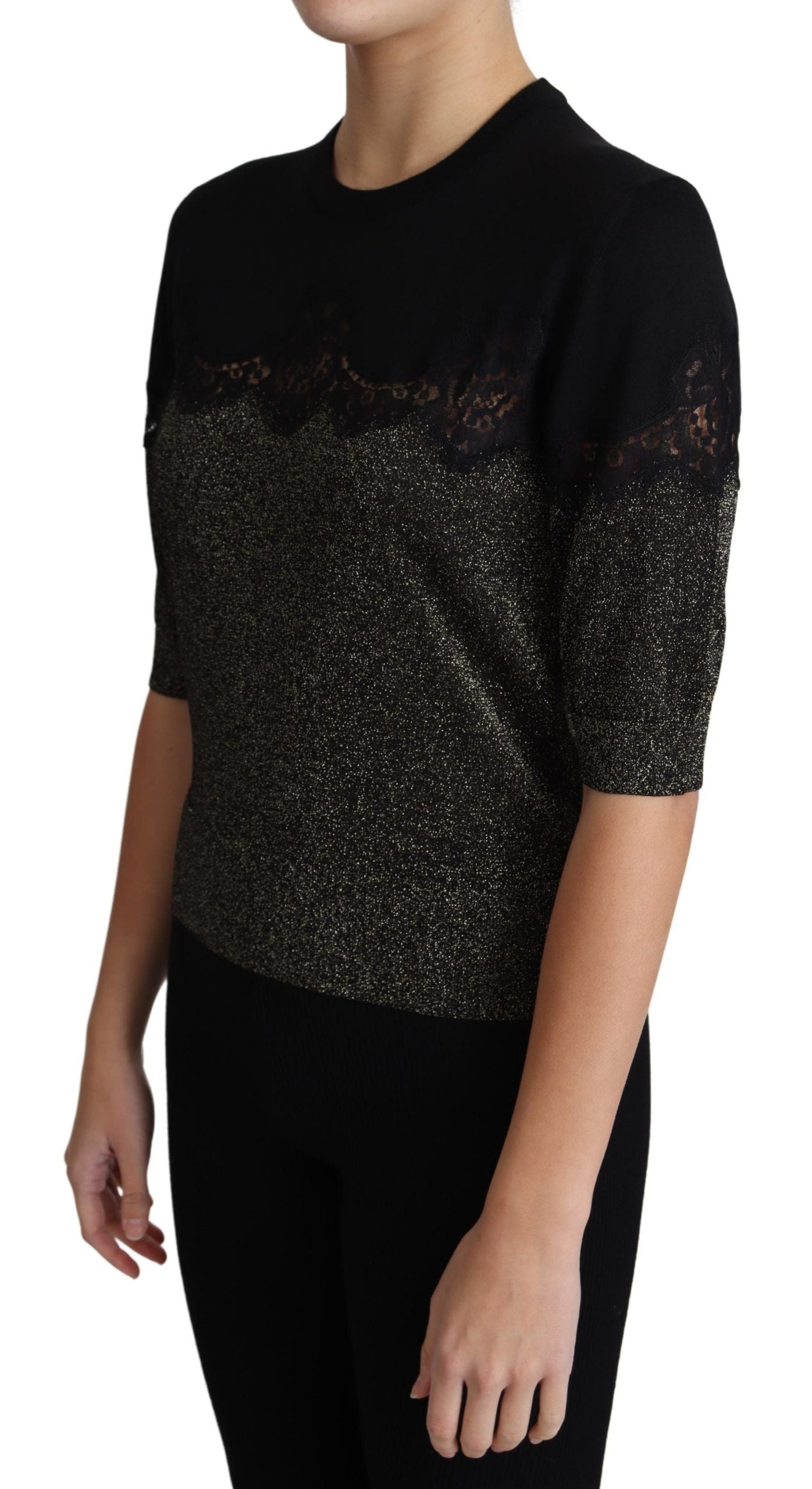 Dolce & Gabbana Black Shiny Lurex Lace Insert Pullover Women's Top