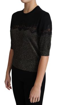 Dolce & Gabbana Black Shiny Lurex Lace Insert Pullover Women's Top