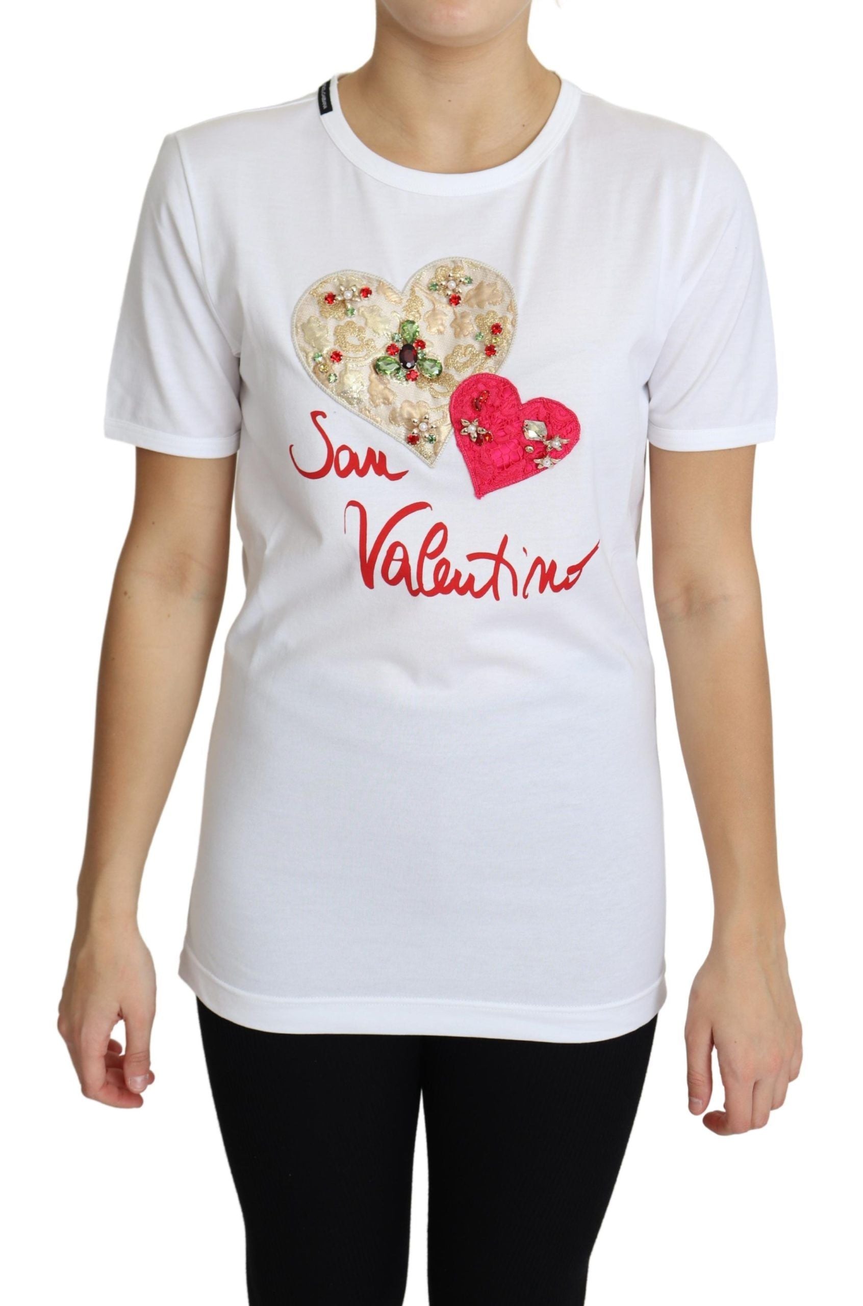 Dolce & Gabbana White San Valentino Heart Crystals T-shirt Women's Top