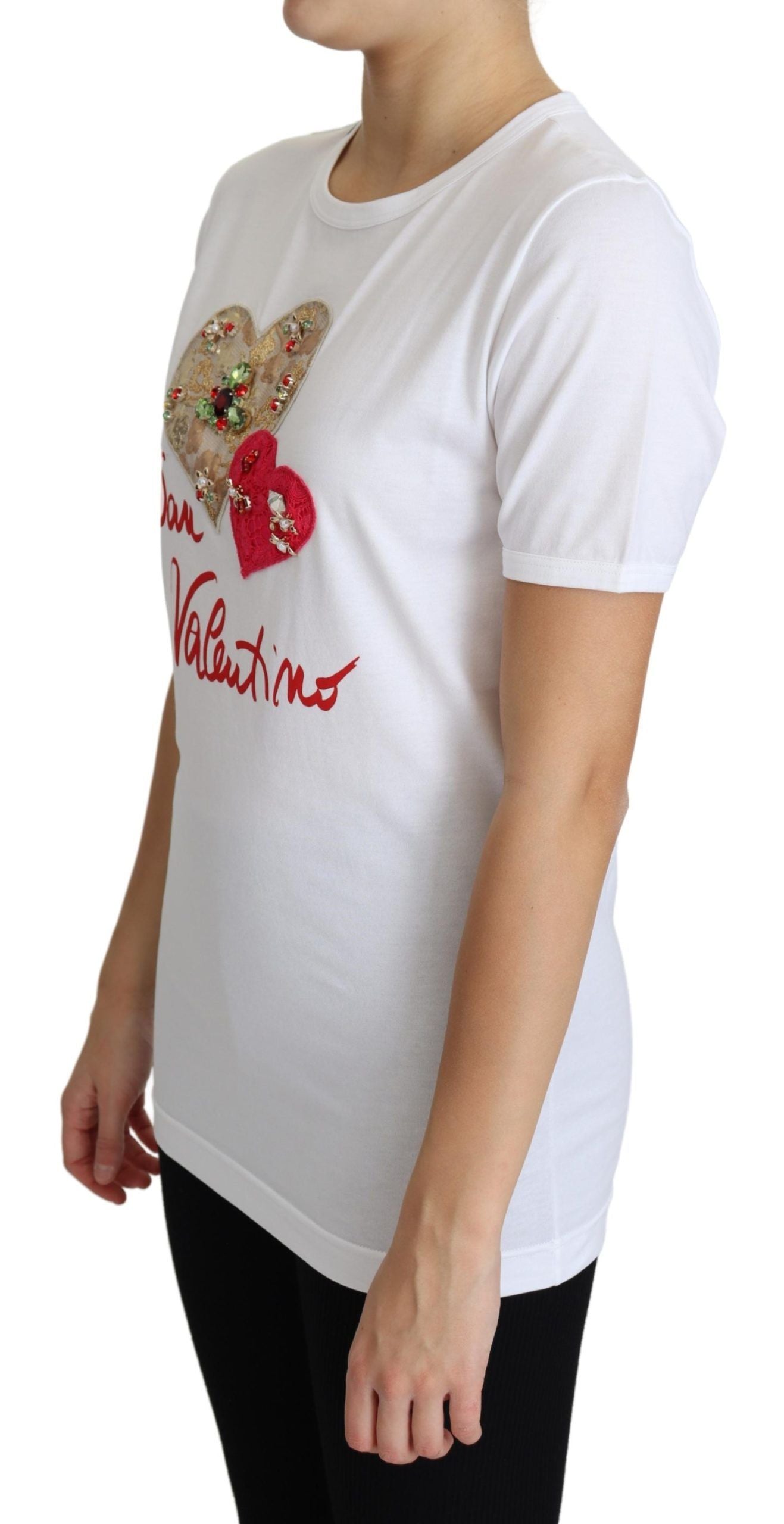 Dolce & Gabbana White San Valentino Heart Crystals T-shirt Women's Top
