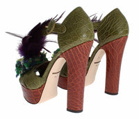 Dolce & Gabbana Green Leather Crystal Platform Sandal Women's Shoes