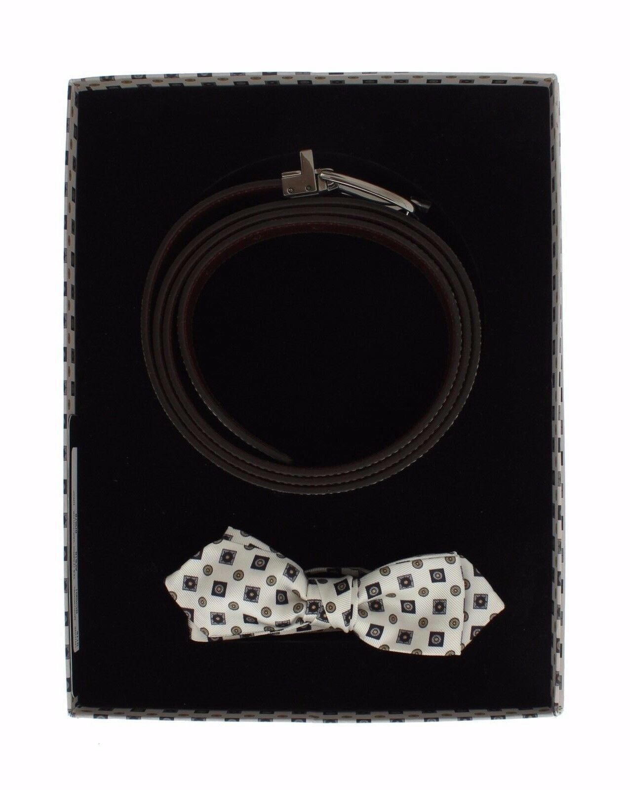 Dolce & Gabbana Dolce & Gabbana White Silk Bowtie Leather Men Belt Gift Men's Box
