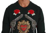 Dolce & Gabbana Green Crystal Heart Roses Gun Men's Sweater