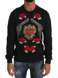 Dolce & Gabbana Green Crystal Heart Roses Gun Men's Sweater