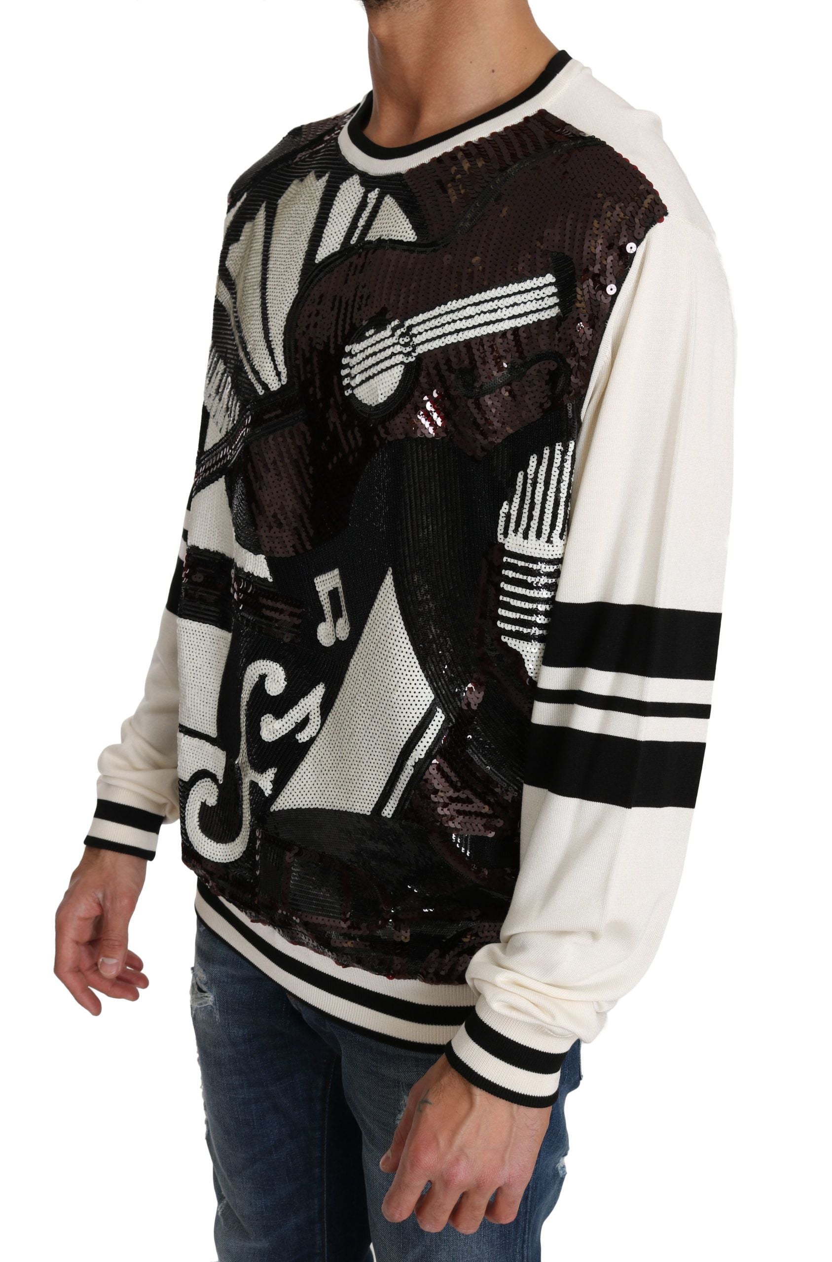 Dolce & Gabbana White Jazz Sequined Guitar Pullover Top Men's Sweater