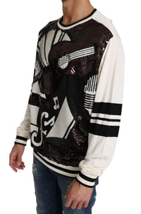 Dolce & Gabbana White Jazz Sequined Guitar Pullover Top Men's Sweater