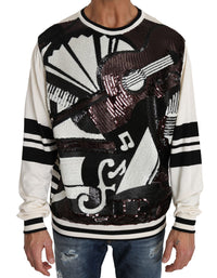 Dolce & Gabbana White Jazz Sequined Guitar Pullover Top Men's Sweater