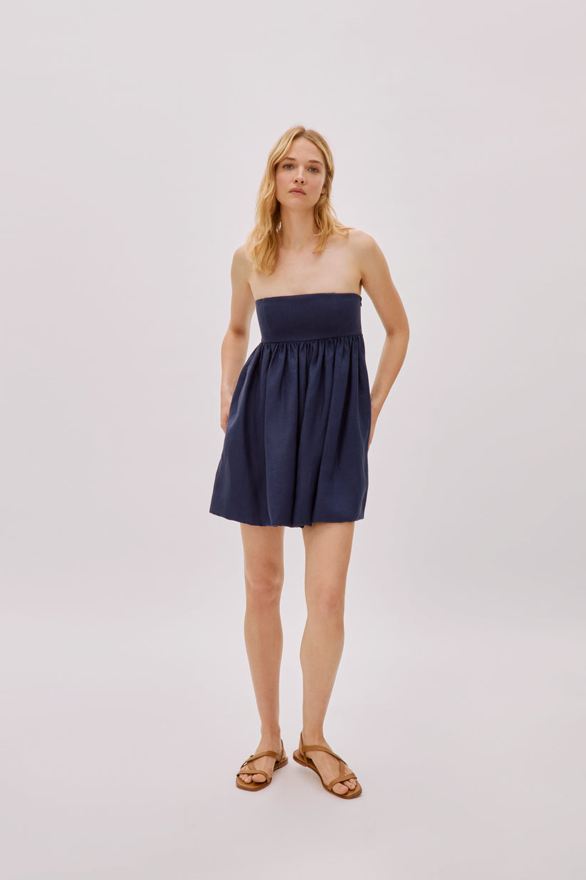Mykonos Navy Linen Strapless Dress Regular 12 (L) Navy