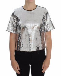 Dolce & Gabbana Silver Sequined Crewneck Blouse T-shirt Women's Top