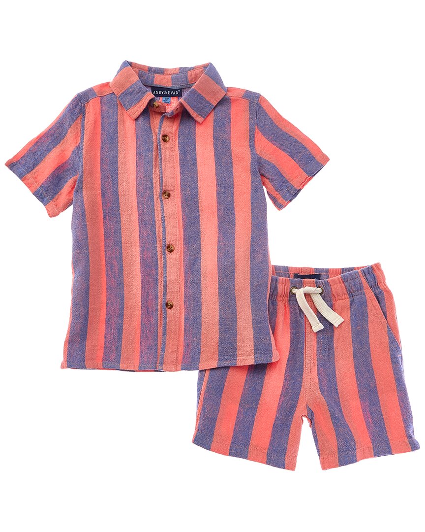 Andy & Evan 2Pc Striped Linen-Blend Button-Down Short Set Orange