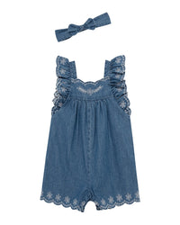 Little Me Little Me Chambray Woven Romper Headband