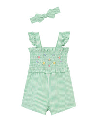 Little Me Green Embroidered Wvn Romper Headband