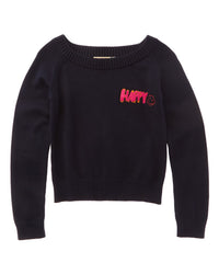 Vintage Havana Happy Applique Off-Shoulder Sweater