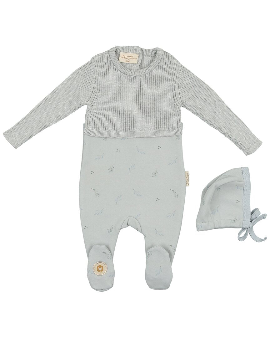 Mon Tresor Knit & Print Footie & Hat Set