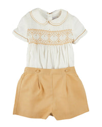 Pepa London Hand-Smocked Peter Pan Collar Linen-Blend Shirt