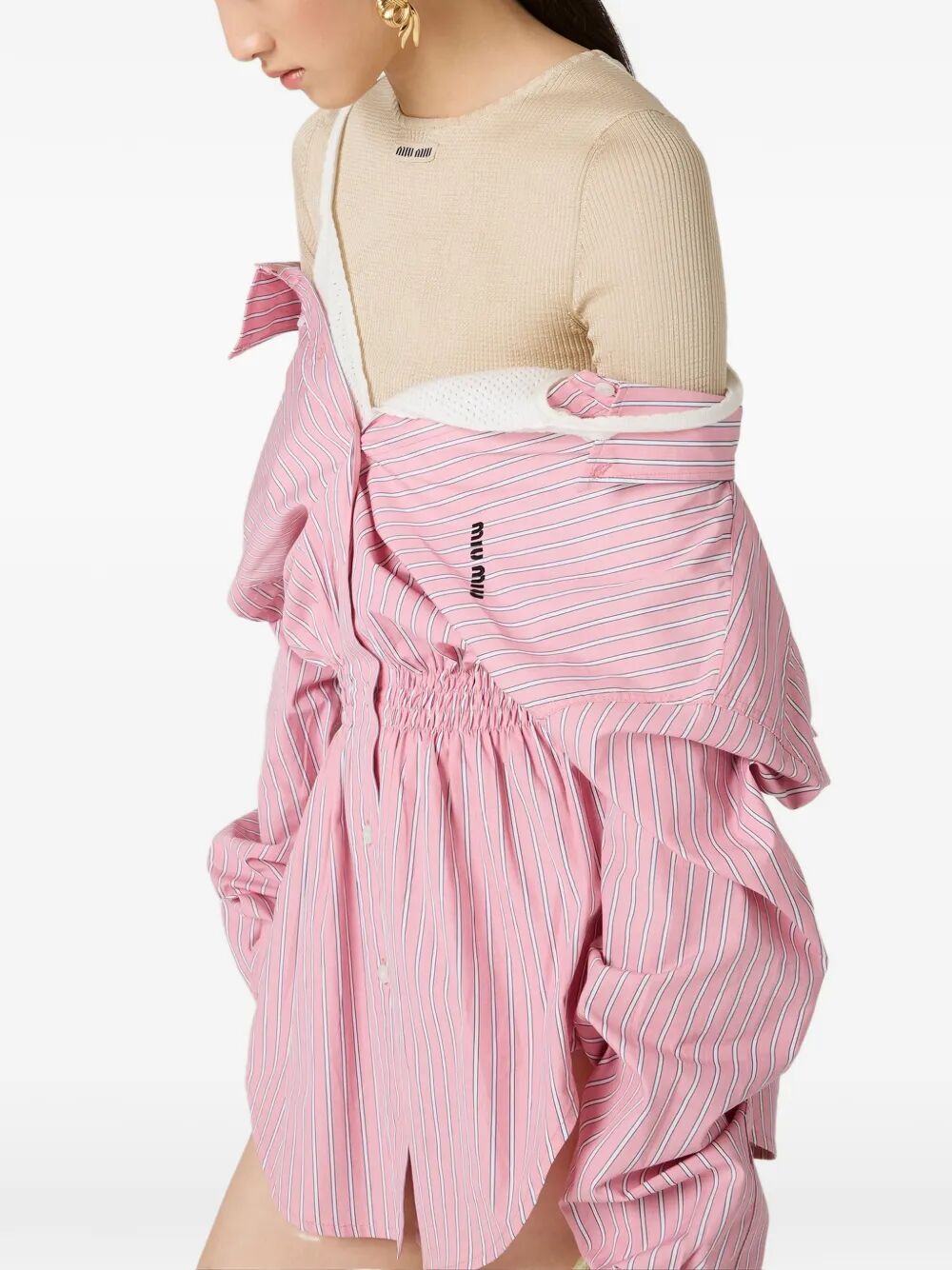 Miu Miu Women Elasticated Waistband Striped Shirt Mini Dress