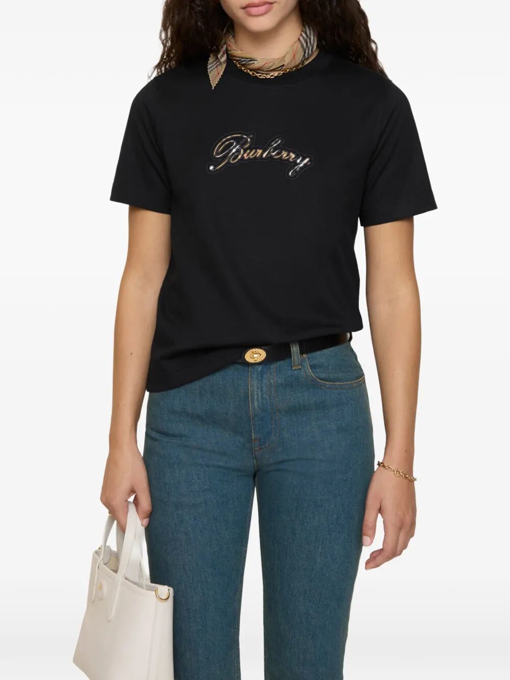 BURBERRY Burberry Women Check Cursive Logo Cotton T-Shirt