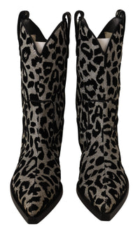 Dolce & Gabbana Gray Black Leopard Cowboy Boots Women's Shoes