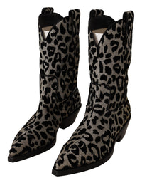 Dolce & Gabbana Gray Black Leopard Cowboy Boots Women's Shoes