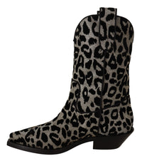 Dolce & Gabbana Gray Black Leopard Cowboy Boots Women's Shoes