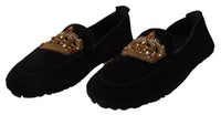 Dolce & Gabbana Black Leather Crystal Gold Crown Loafers Men's Shoes