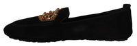 Dolce & Gabbana Black Leather Crystal Gold Crown Loafers Men's Shoes