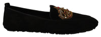 Dolce & Gabbana Black Leather Crystal Gold Crown Loafers Men's Shoes