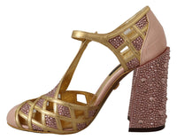 Dolce & Gabbana Pink Gold Leather Crystal Pumps T-strap Women's Shoes