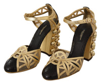 Dolce & Gabbana Black Gold Leather Studded Ankle Straps Women's Shoes