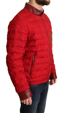 Dolce & Gabbana Red Brocade Bomber Gold Crown Logo Coat Men's Jacket