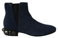 Dolce & Gabbana Blue Suede Embellished Studded Boots Women's Shoes