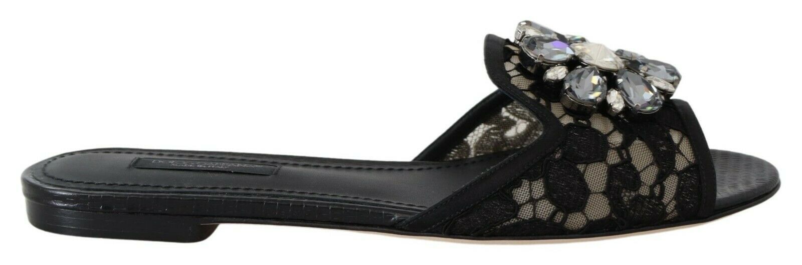 Dolce & Gabbana Dolce & Gabbana Black Taormina Lace Slides Crystals Flats Women's Shoes
